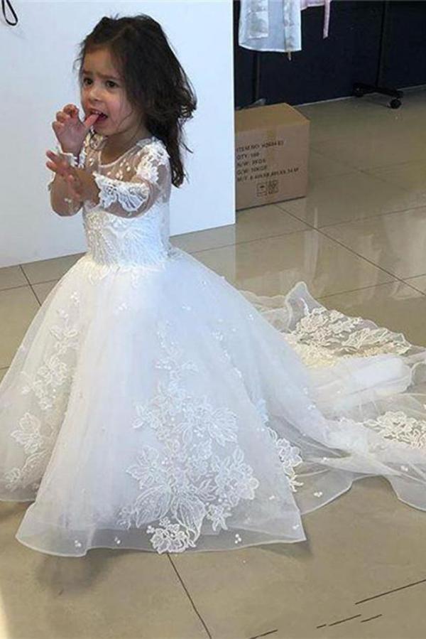 White Tulle Flower Girl Dress Long Sleeves Lace Appliques Little Girl Dress
