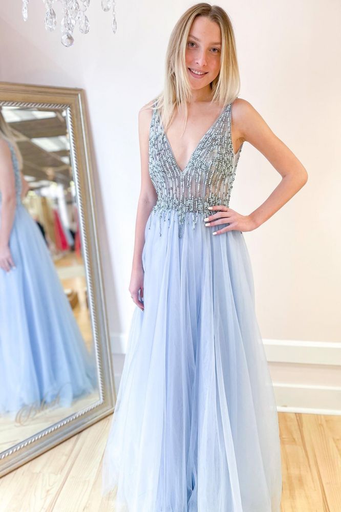 A-Line Deep V-neck Beading Floor-length Tulle Backless Ruffles Prom Dress With Side Slit