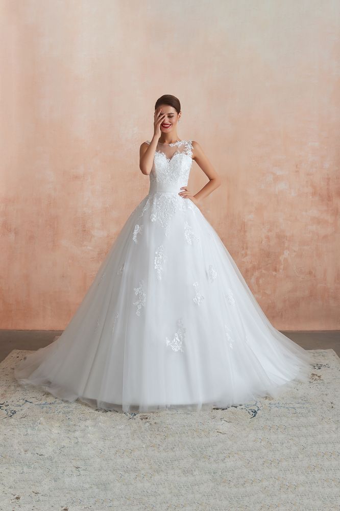 Cain | Illusion Neck White Wedding Dress with exqusite Lace Appliques, Sleeveless V-back Bridal Gowns Online-Babyonlinewholesale