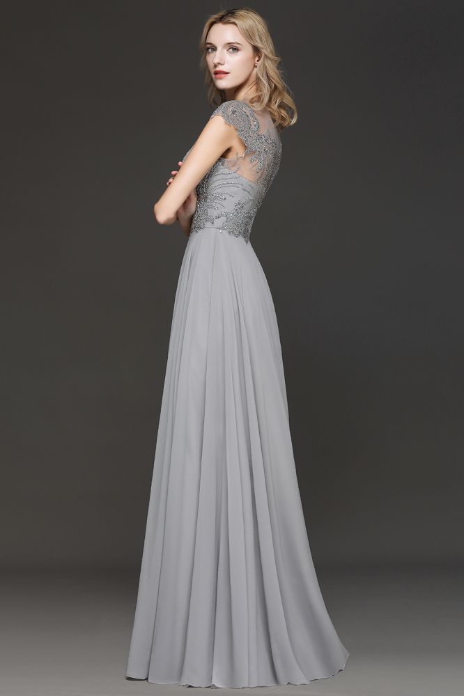 Crystal Appliques Sweetheart Side Slit Prom Dresses | Backless Capsleeves Evening Dresses