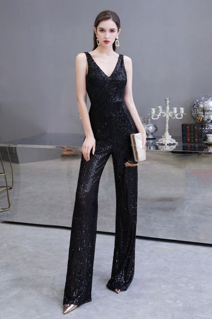 Sexy Shining V-neck Silver Sequin Sleeveless Prom Jumpsuit