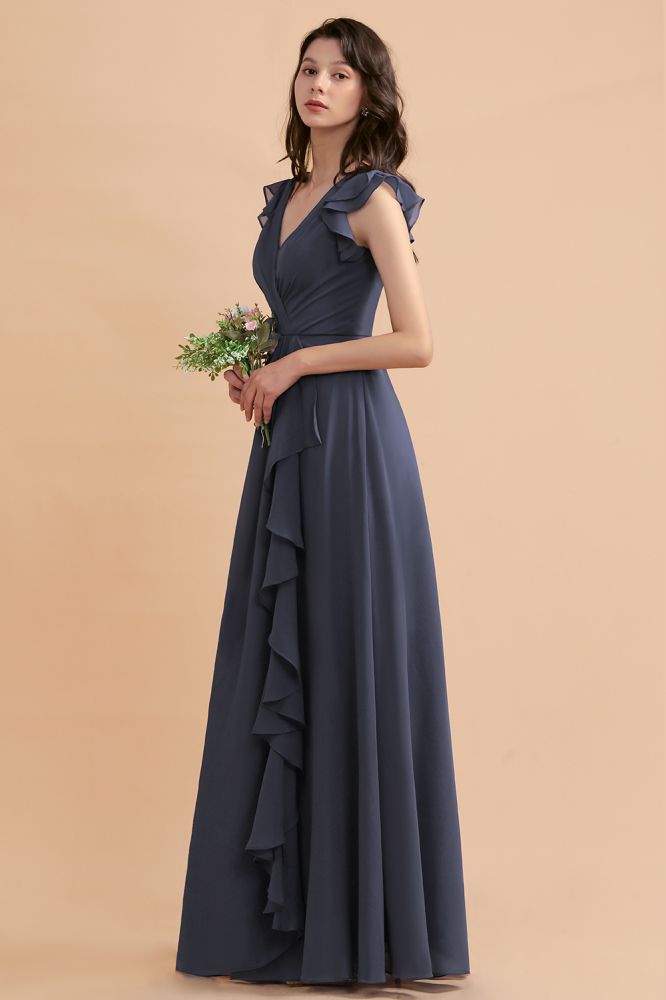 Ruffles Sleeves Chiffon Aline Wedding Party Dress Floor Length Evening Dress