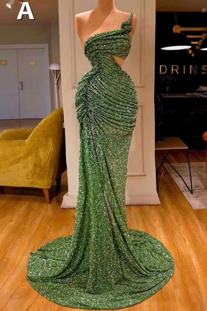 Sparkle dark green high split straps sequin sleeveless long prom dress