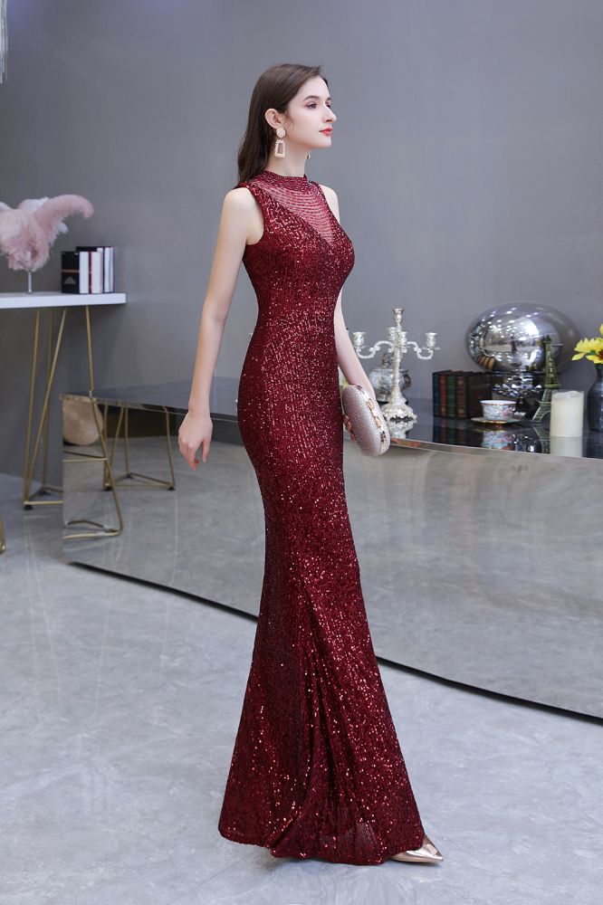 Elegant Illusion neck Burgundy Sleeveless Mermaid Prom Dress