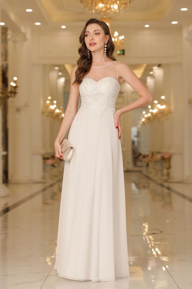 Elegant Scoop Neck Chiffon Bridesmaid Dress Sleeveless Lace Appliques Long Evening Dress
