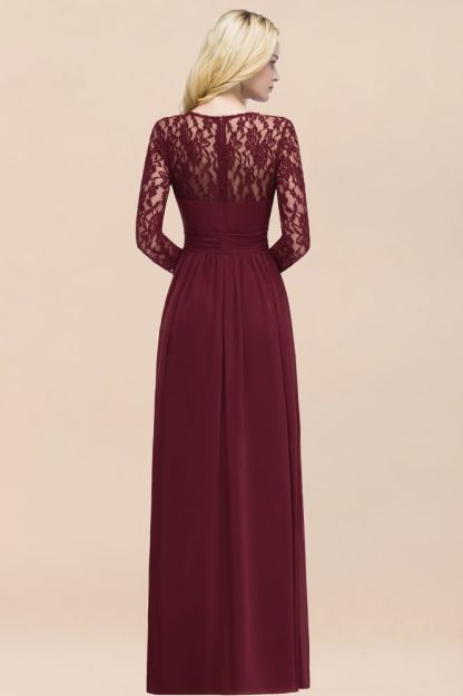 Long sleeves lace wine red chiffon bridesmaid dress