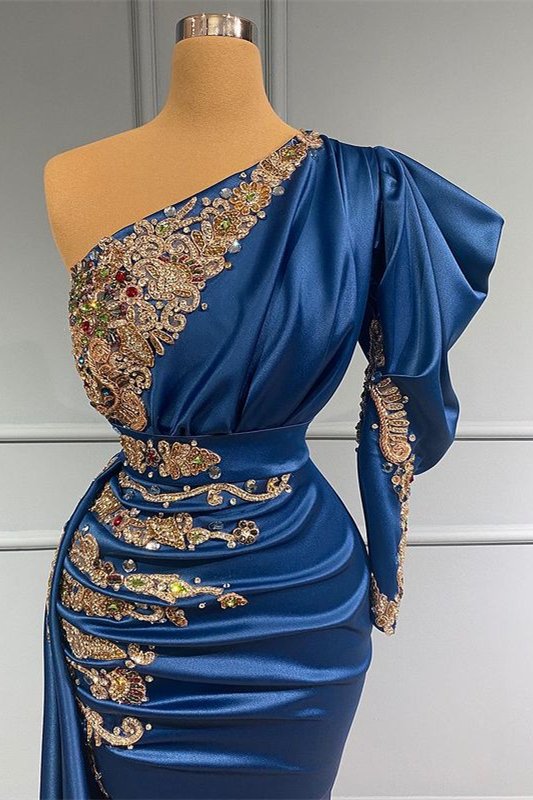 Beaded One shoulder Ink Blue Satin Long Prom Dresses