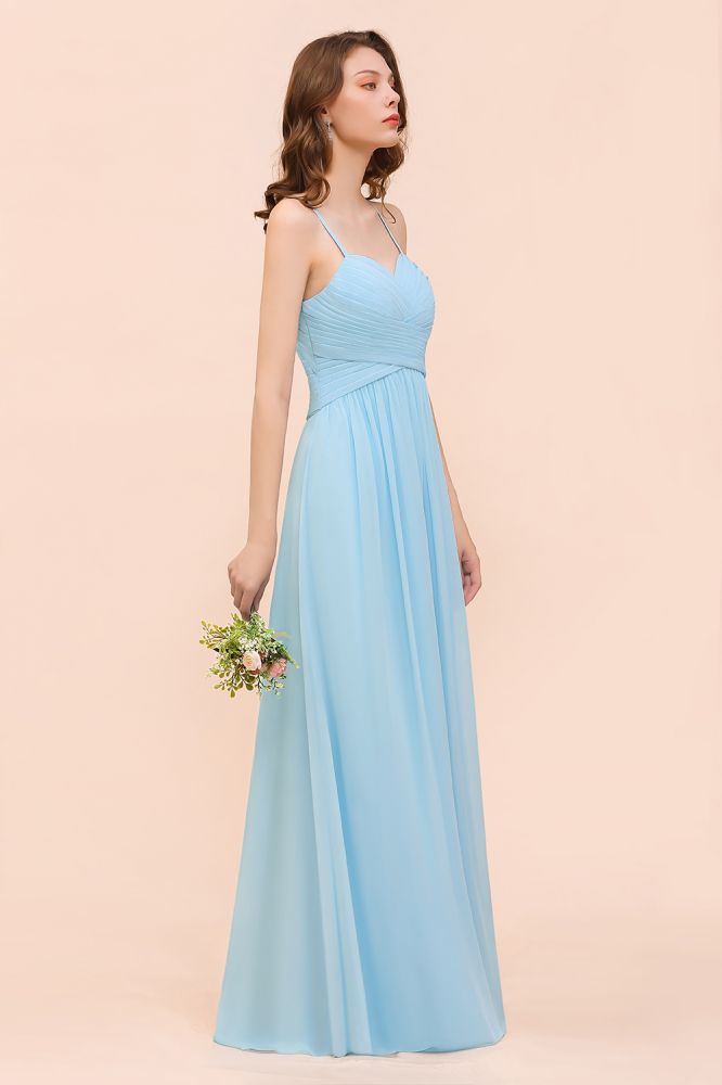 Sky Blue Sweetheart Chiffon Long Bridesmaid Dress Aline Wedding Party Dress with Straps