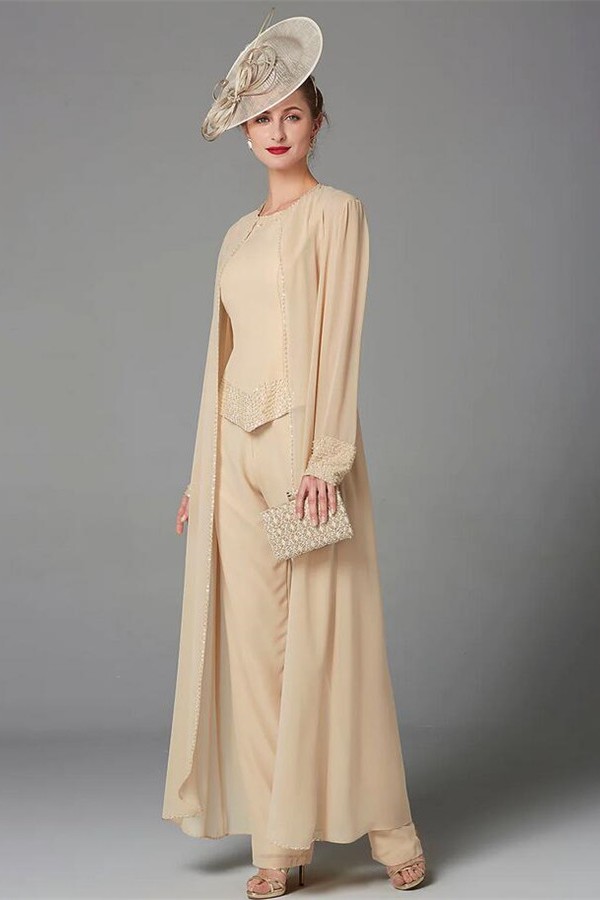 Ivory Beading Floor Length Jewel Long Sleeves Chiffon Mother Jumpsuit