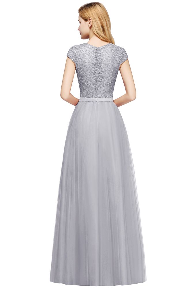 Elegant Lace Top Cap Sleeves Long Tulle Bridesmaid Dresses