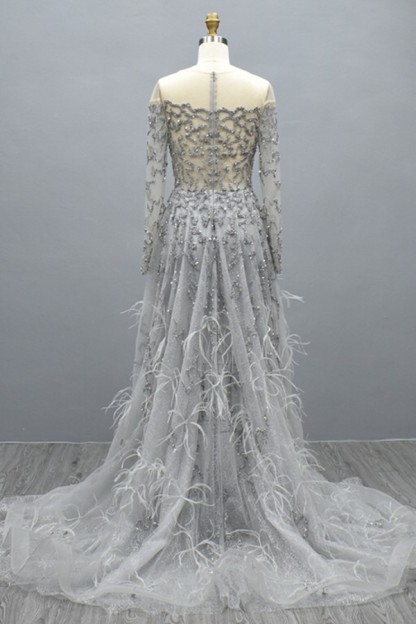 Starpless Gray Ruffles Arabic Court train Prom Dress