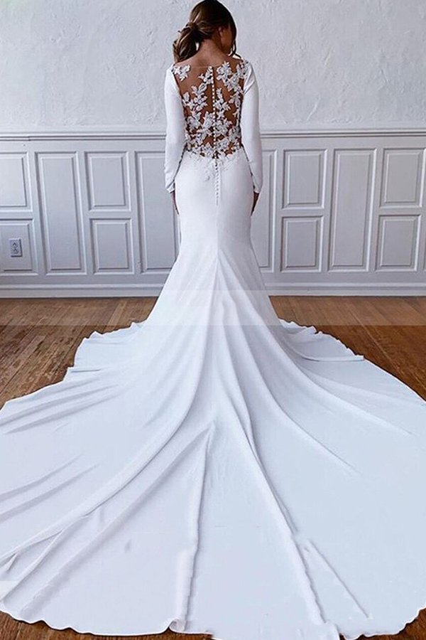 Elegant Long Sleeves Bateau White Wedding Reception Dress Floor Length Wedding Dress