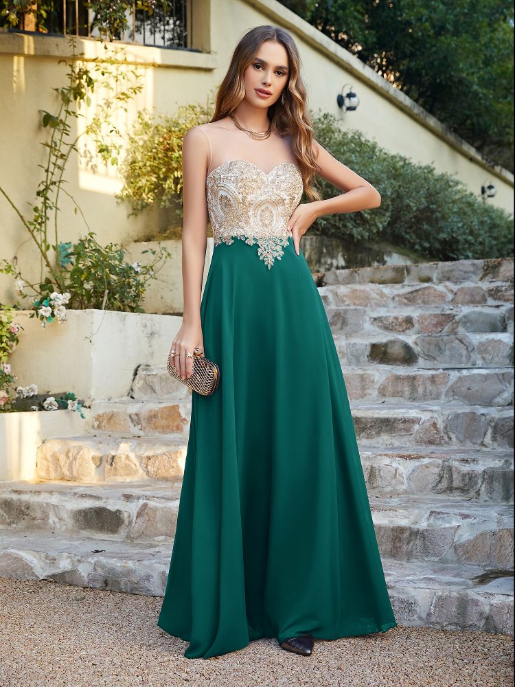 Sleeveless Lace Appliques Long Prom Dresses Chiffon Evening Party Gown
