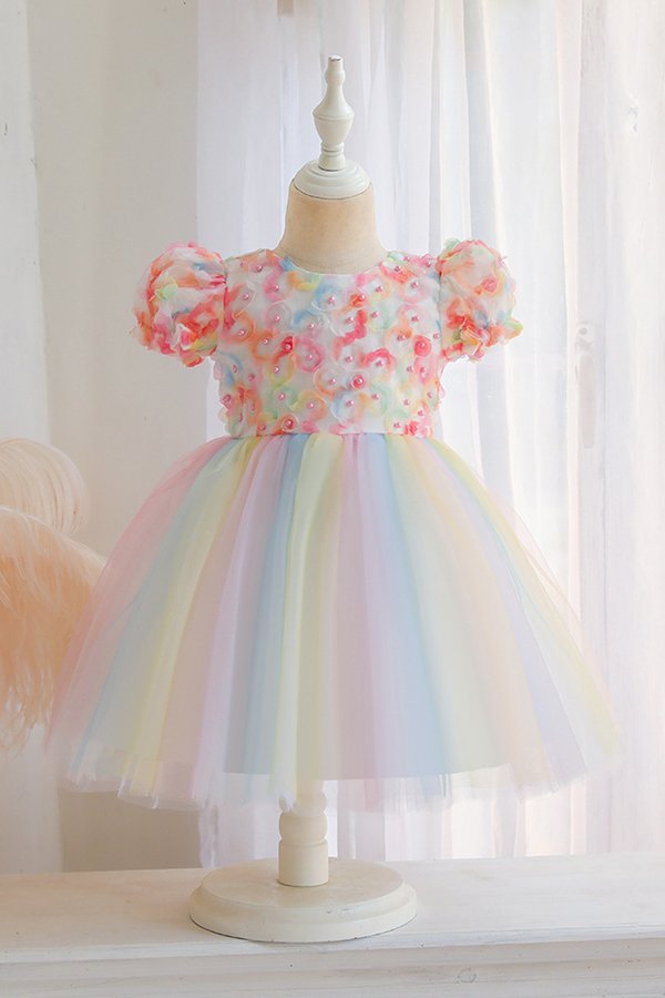 Rainbow bubble cap sleeves pricess sparkle flower girl dress