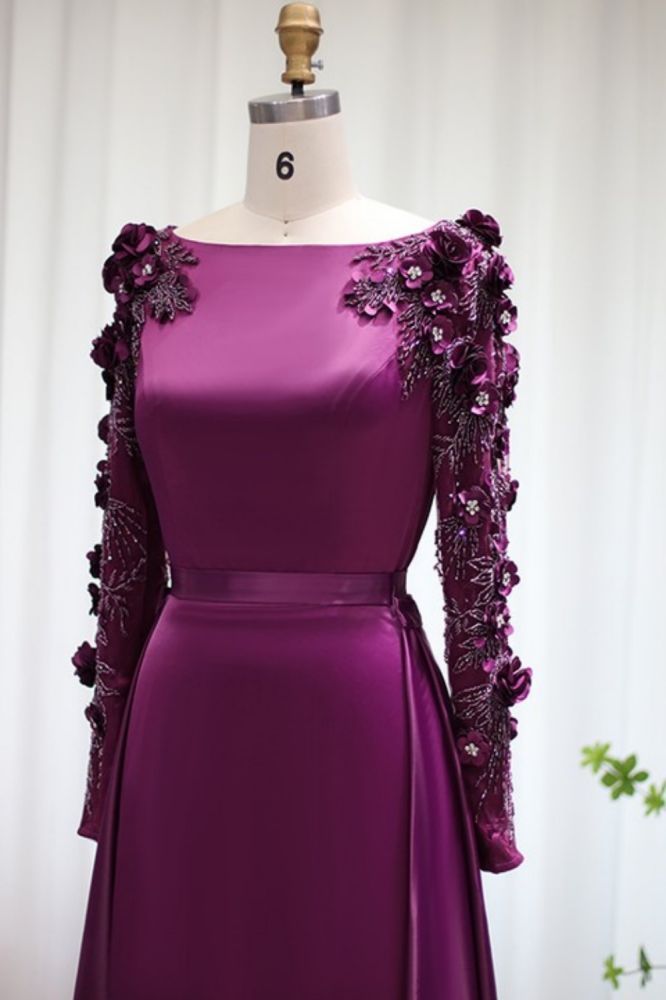 Gorgeous Long Sleeves Satin Mermaid Evening Party Gown 3D Flower Beadings Long Wedding Party Gown with Sweep Train-Babyonlinewholesale