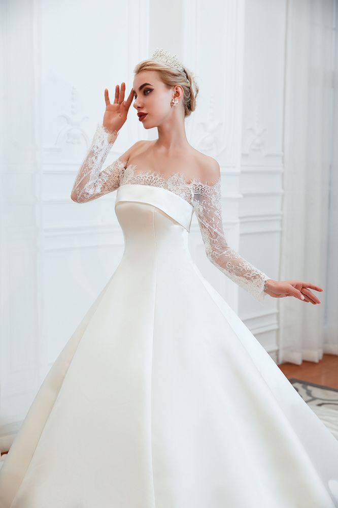 Romantic Lace Long Sleeves Princess Satin Wedding Dress | Princess Bridal Gowns with Cathedral Train