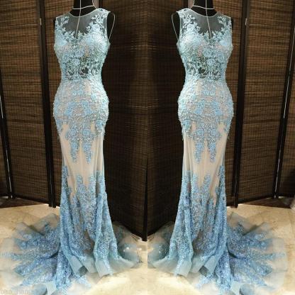 Gorgeous Column Sleleveless Long Evening Dresses | Lace Appliques Beading Sexy Prom Dress with Overskirt-Babyonlinewholesale