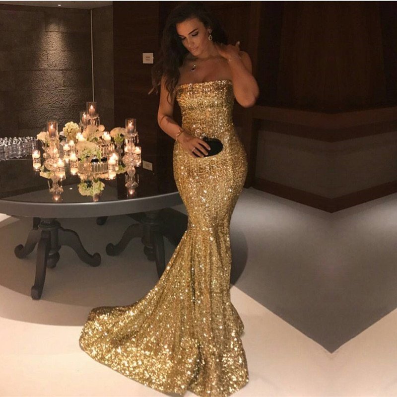Sparkle Gold Sequins Mermaid Evening Gowns Sexy Strapless Prom Dresses FB0164