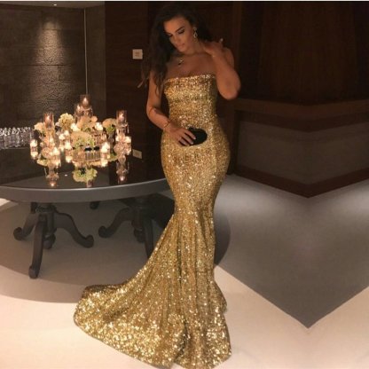 Sparkle Gold Sequins Mermaid Evening Gowns Sexy Strapless Prom Dresses FB0164