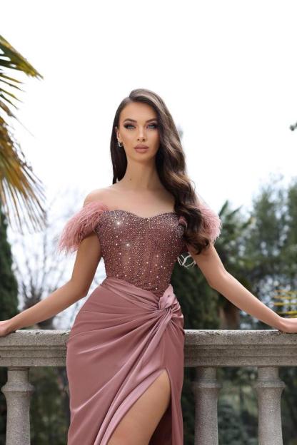 Unique pink off the shoulder mermaid prom dress with hot train