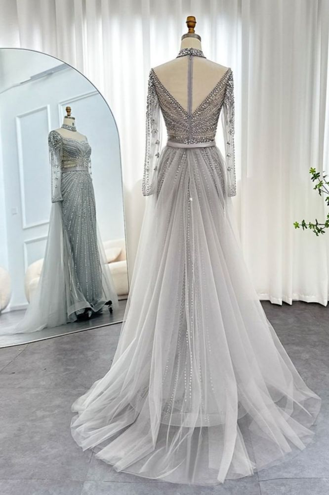 Gorgeous High Neck Beading Sequins Mermaid Evening Gown Long Sleeves Tulle Party Dress with Sweep Train-Babyonlinewholesale