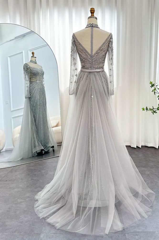 Gorgeous High Neck Beading Sequins Mermaid Evening Gown Long Sleeves Tulle Party Dress with Sweep Train-Babyonlinewholesale