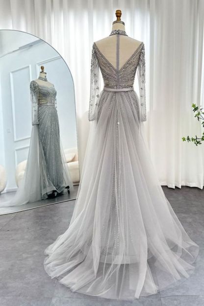 Gorgeous High Neck Beading Sequins Mermaid Evening Gown Long Sleeves Tulle Party Dress with Sweep Train-Babyonlinewholesale