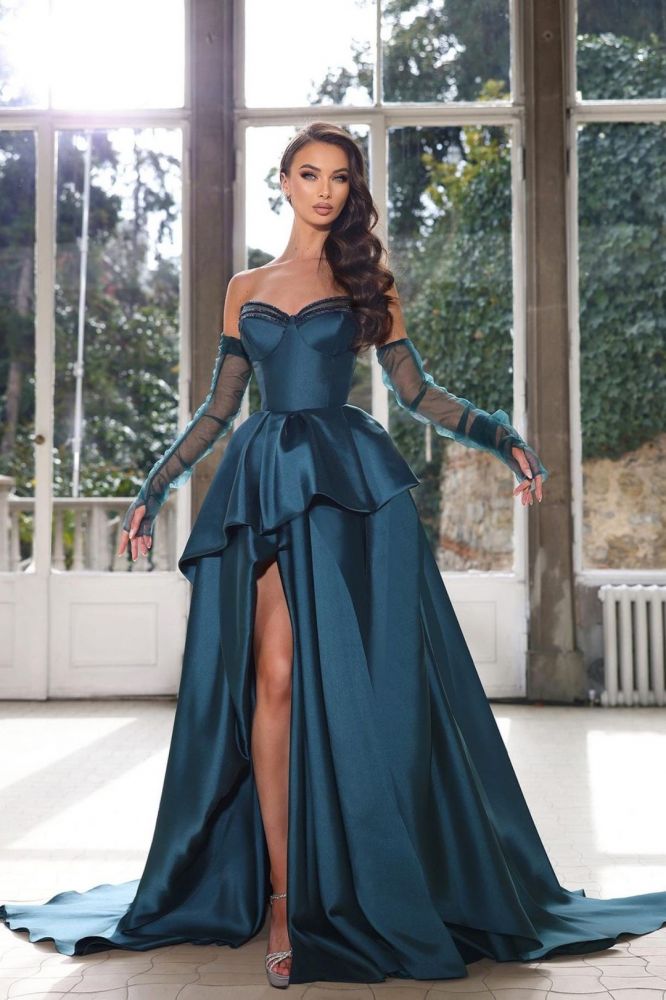 Ink Green A-line Satin High Split Floor length Prom Dresses