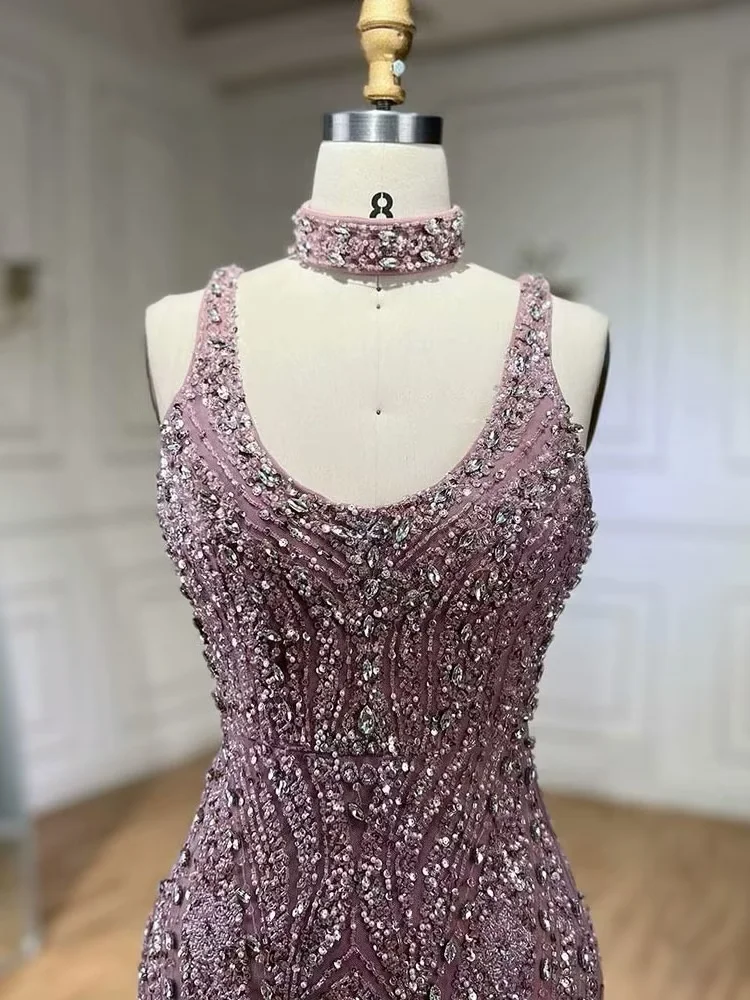 Fashion Sheath Bead Embroidery Dusk Square Split Long Prom Dress