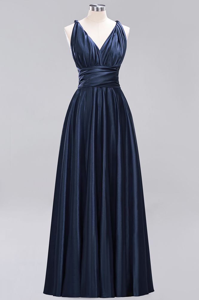 Simple A-Line V-Neck Sleeveless Floor Length Convertible Bridesmaid Dress with Ruffles
