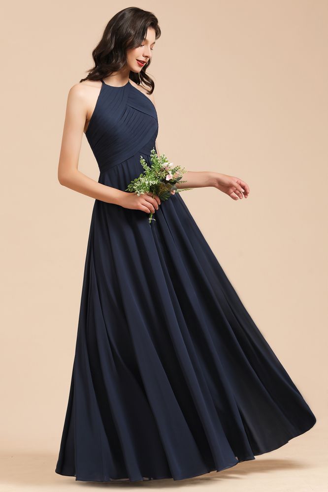 Halter Chiffon Long Evening Maxi Dress Sleeveless Pleated Wedding Guest Dress