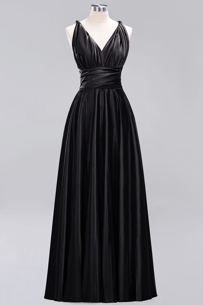 Simple A-Line V-Neck Sleeveless Floor Length Convertible Bridesmaid Dress with Ruffles