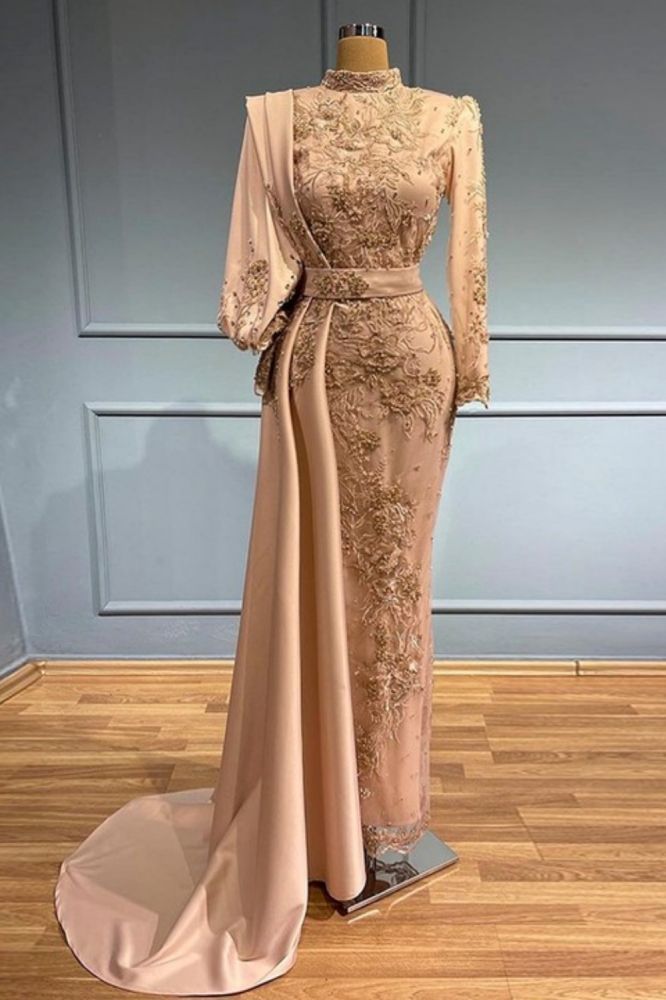 Luxury High Neck Long Sleeves Satin Mermaid Evening Gown Floral Long Party Dress with Sweep Train