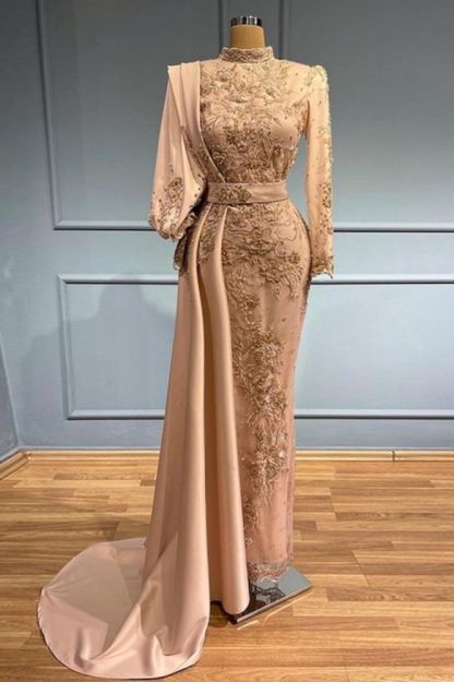 Luxury High Neck Long Sleeves Satin Mermaid Evening Gown Floral Long Party Dress with Sweep Train
