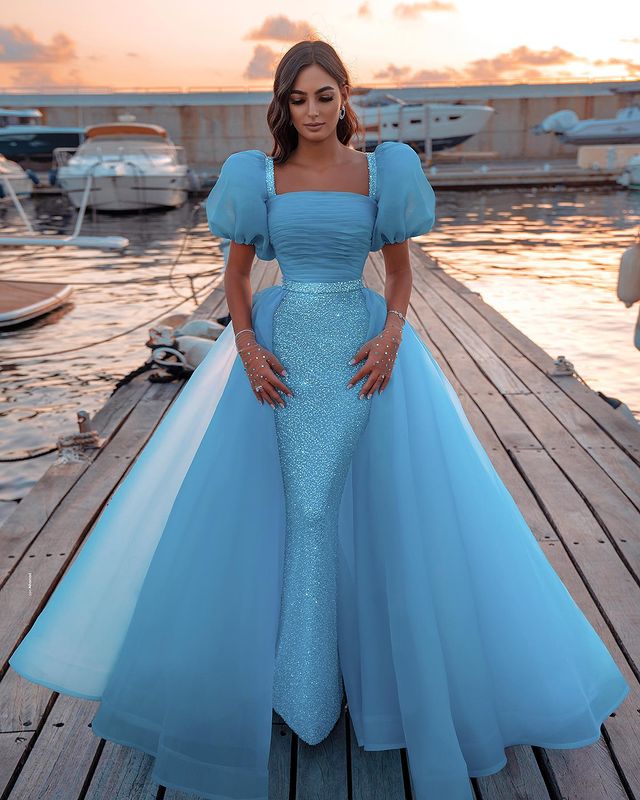 Bright Blue Puffy Sleeve Mermaid Prom Dress with Detachable Train