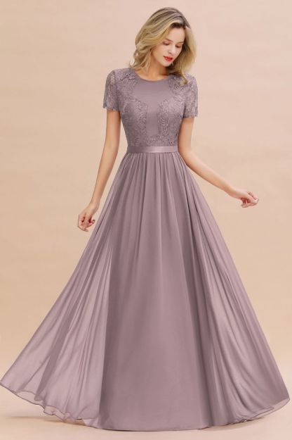 Retro Chiffon Lace Scoop Short-Sleeves Online Bridesmaid Dress