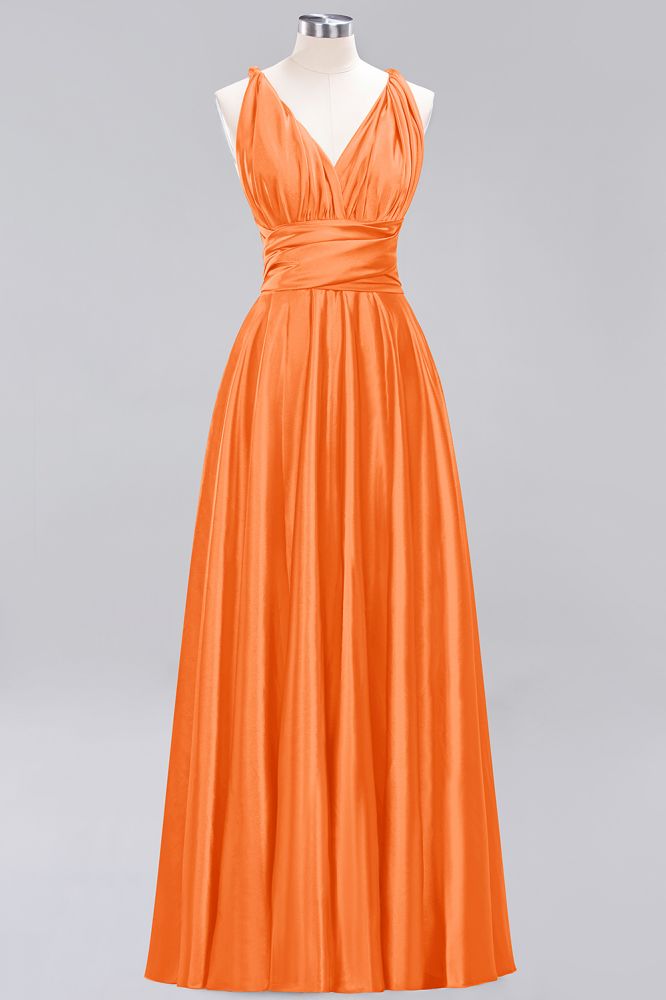 Simple A-Line V-Neck Sleeveless Floor Length Convertible Bridesmaid Dress with Ruffles