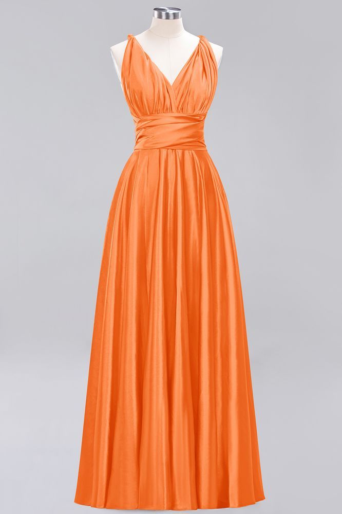 Simple A-Line V-Neck Sleeveless Floor Length Convertible Bridesmaid Dress with Ruffles