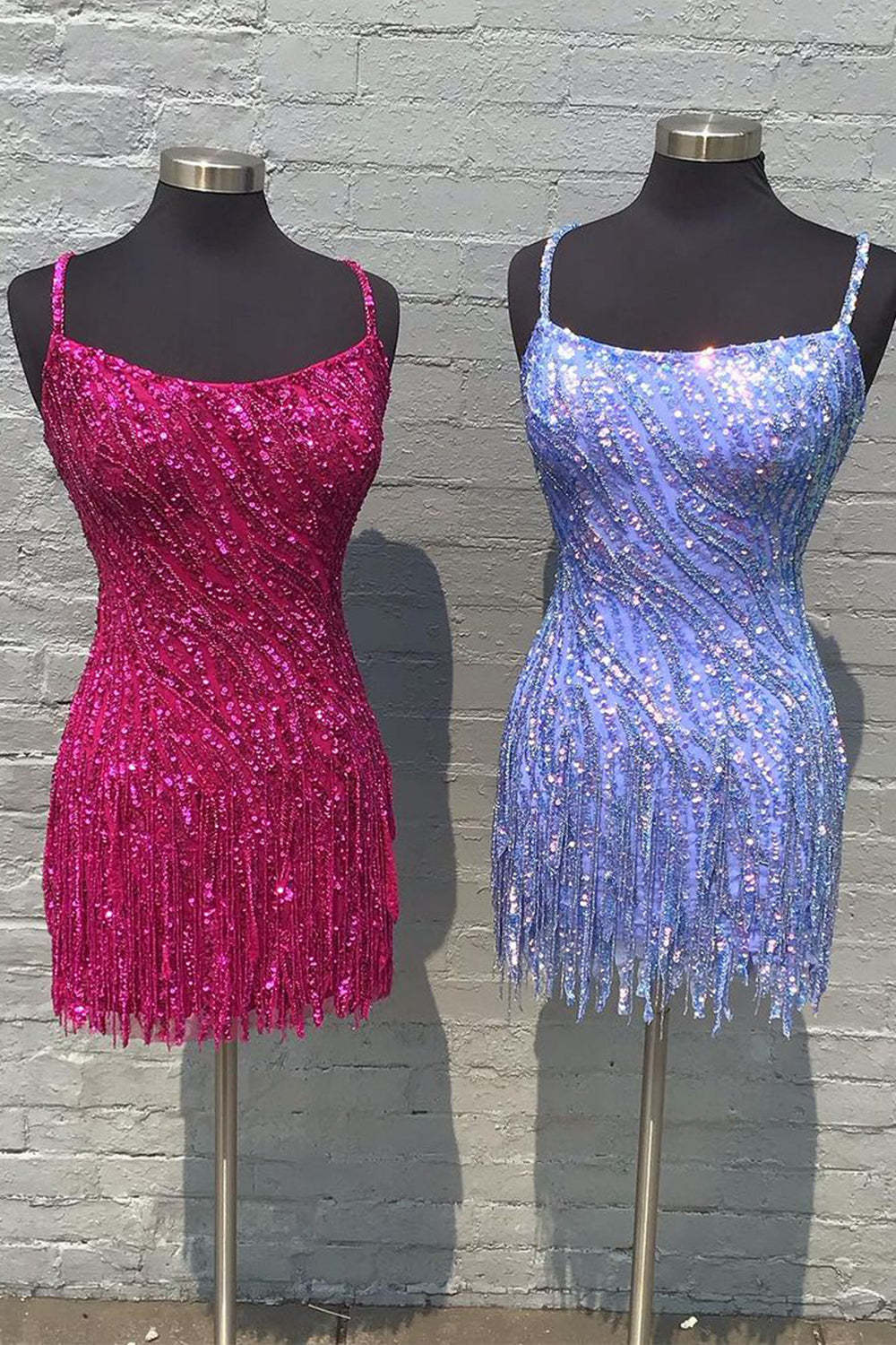 Sparkly Hot Pink Spaghetti Straps Sequins Fringed Tight Short Hoco Dress