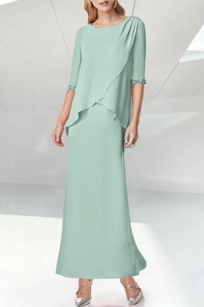 Trendy Two-Piece Ankle-Length Scoop Neck Half Sleeves Chiffon Column Mother Of Bride Dresses