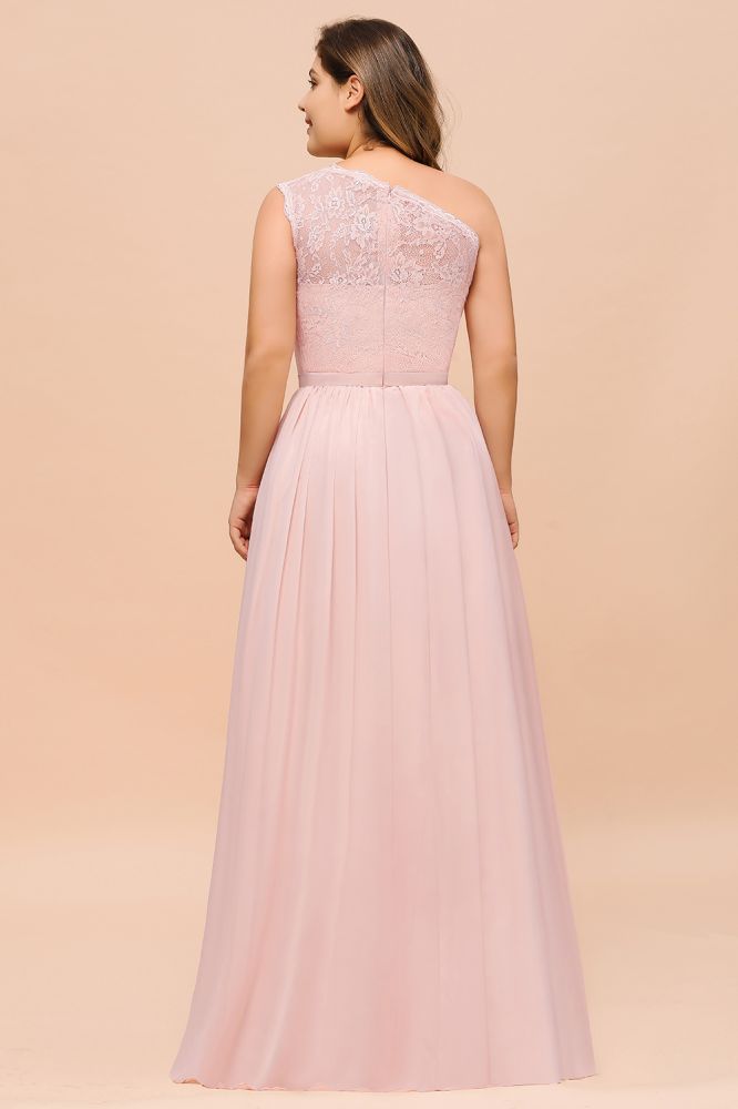 One shoulder Lace Aline Evening Dress Pink Bridesmaid Dress with Side Slit