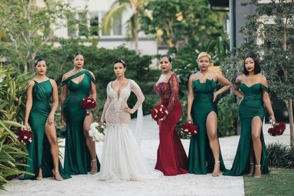Unique Off-the-shoulder Strapless Emerald Green Elastic Satin Long Bridesmaid Dress