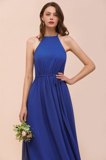 Royal Blue Halter Long Bridesmaid Dress Aline Chiffon Wedding Guest Dress