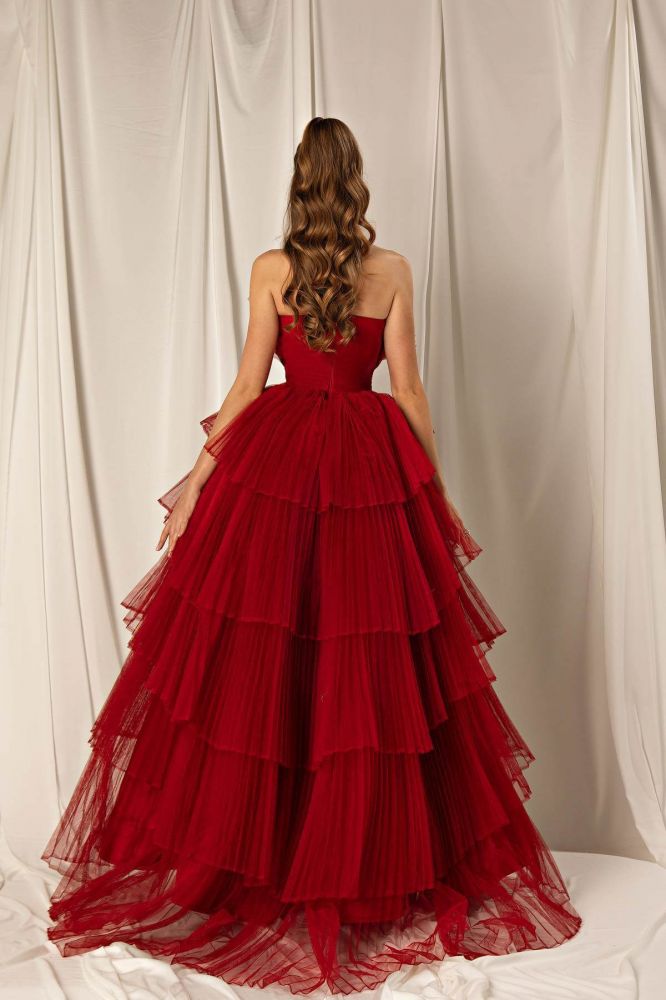 Strapless Burgundy Ruffles Ball Gown Evening Dresses