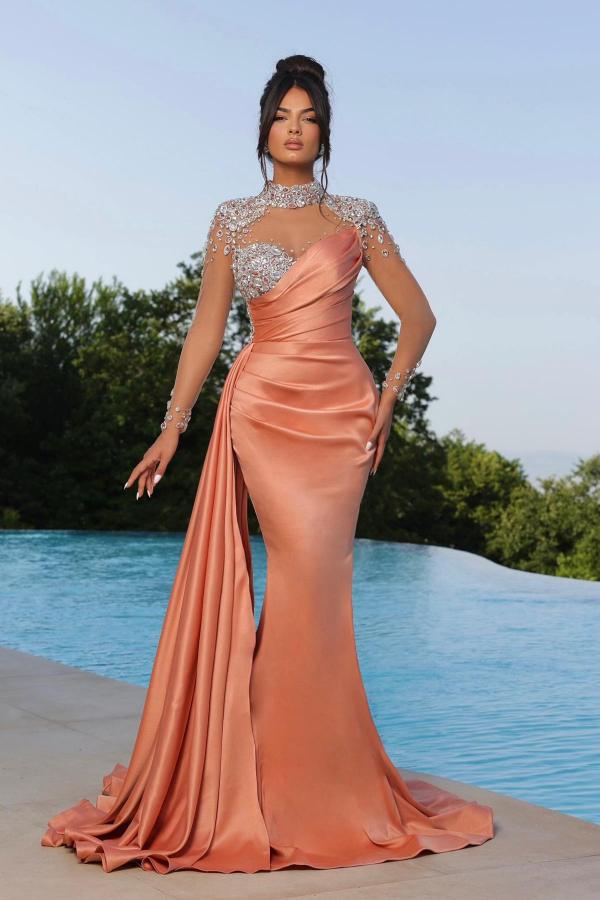 orange beaded prom dress Orange Chiffon Prom Dresses with Slit Beaded Bodice Plunging V-Neck FD –  Viniodress