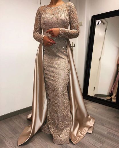 Charming Long Sleeves Beadings mermaid Prom Dress with Satin Detachable Train