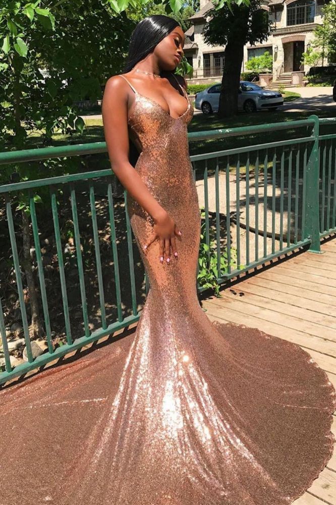 Sexy Spaghetti Sequins Mermaid Prom Dress Sparkly V-Neck evening Wear