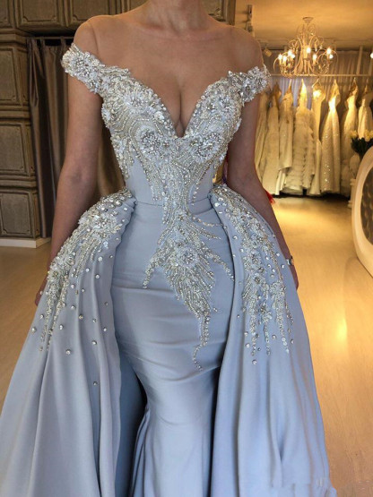 Elegant Sky Blue Mermaid Off the shoulder Prom Dresses | Sweetheart Discount Overskirt Evening Dresses Online-Babyonlinewholesale