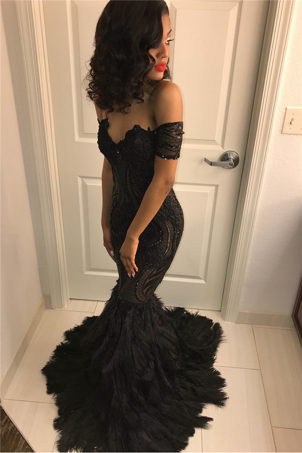 Beads Unique Lace Appliques Feather Prom Dresses | Off-The-Shoulder Fit and Flare Evening Gowns