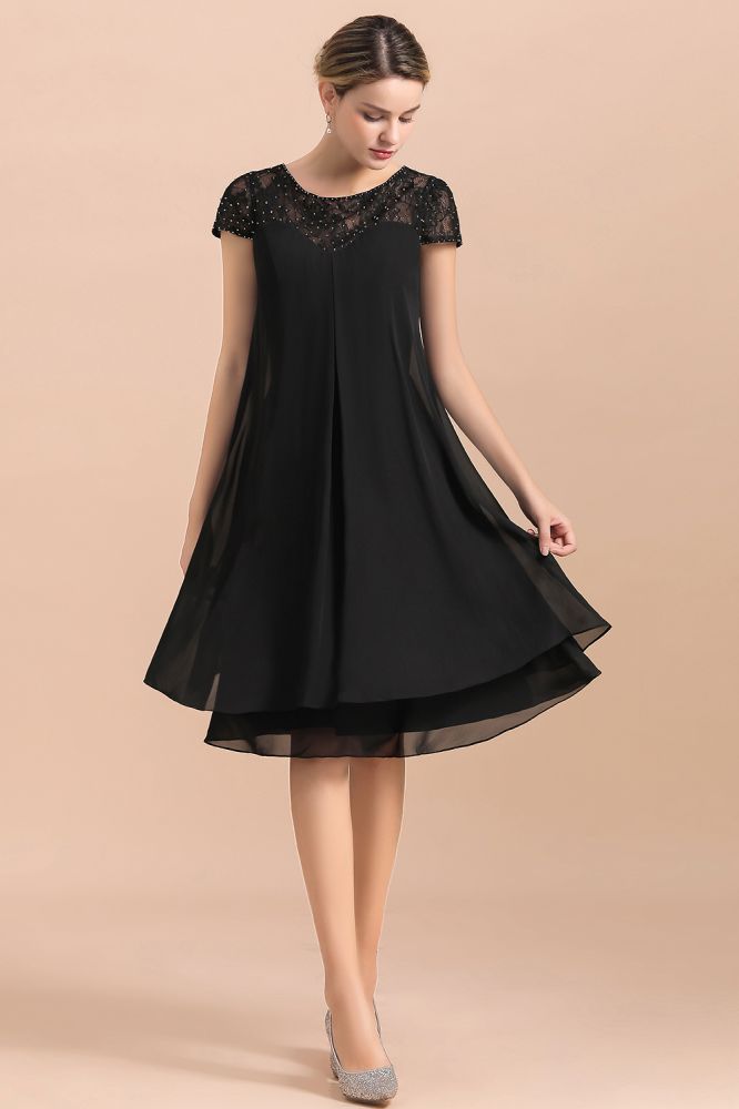 Black Short Sleeves Lace Wedding Party Dress Chiffon Knee Length Dress